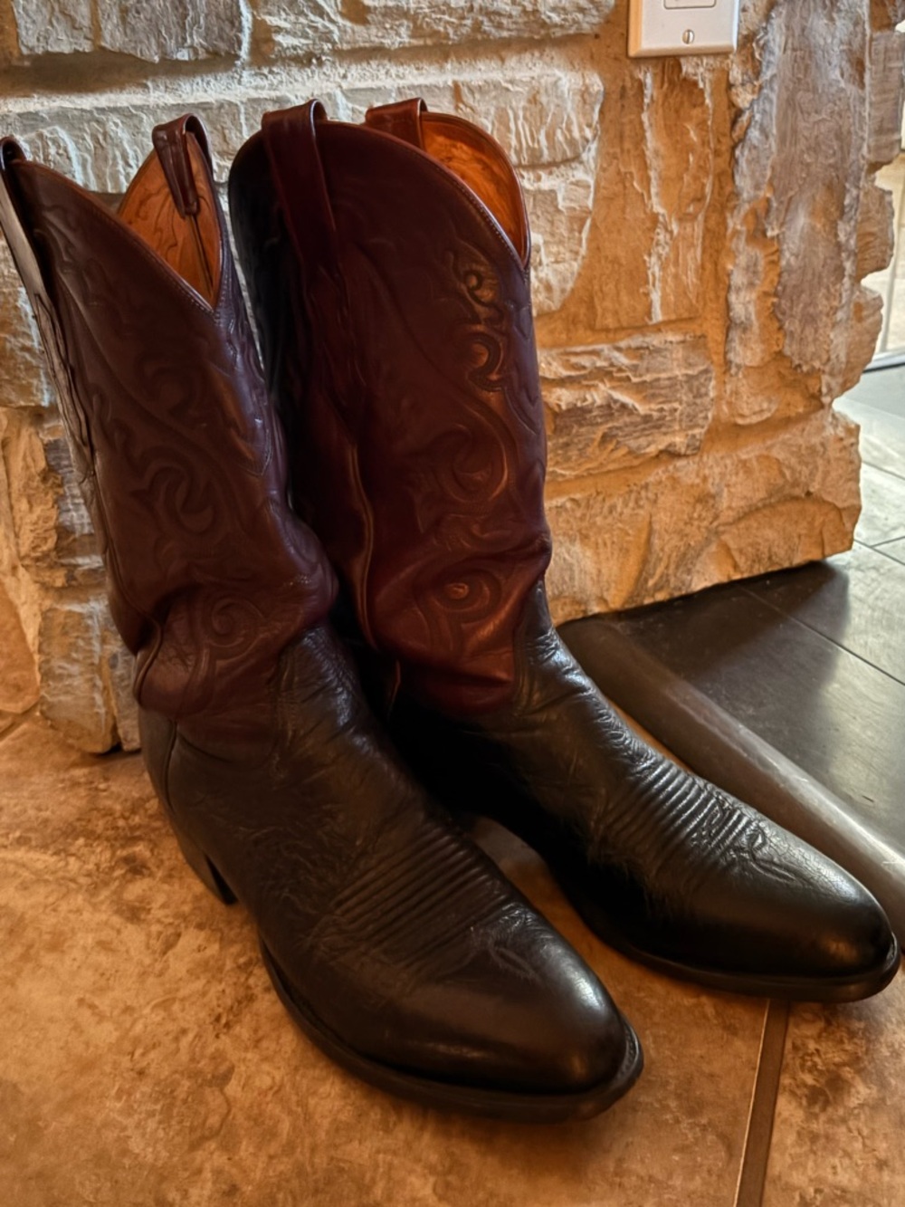 Lucchese Ostrich Classic Two-Tone Leather Cowboy Boots - dark brown/burgundy - Picture 2 of 2
